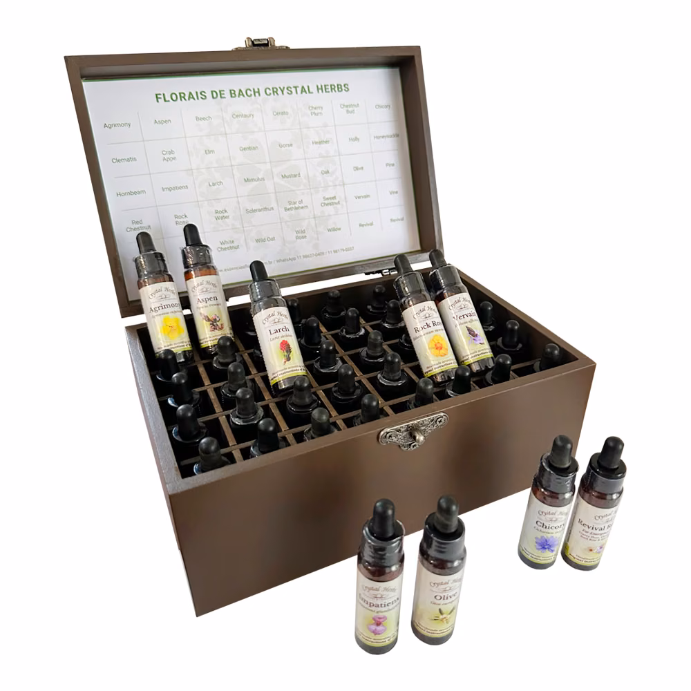 Kit de Florais de Bach Importado da Inglaterra 10 ml em Estojo de Madeira Artesanal